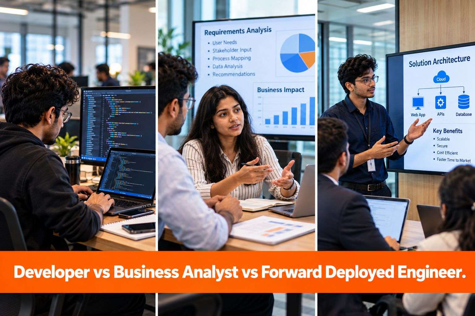 Three career paths compared — software developer, business analyst, and Forward Deployed Engineer.