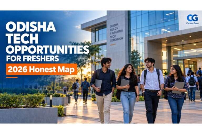 Young engineers outside a modern IT campus in Bhubaneswar, representing Odisha tech opportunities for freshers.