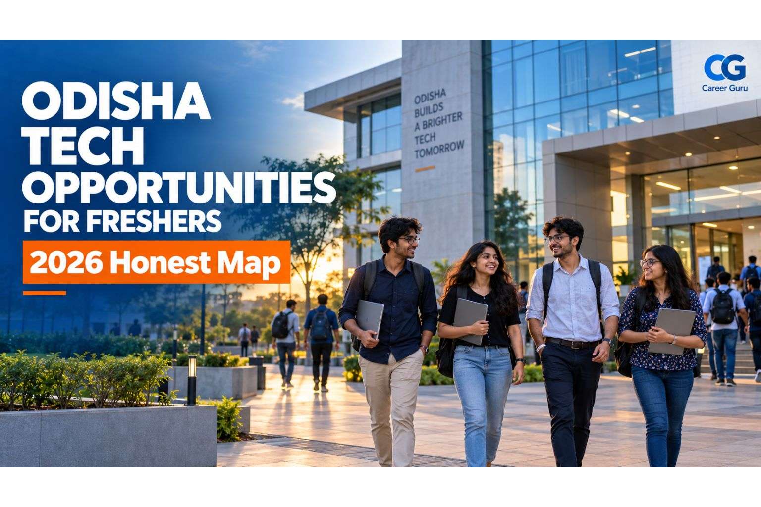 Young engineers outside a modern IT campus in Bhubaneswar, representing Odisha tech opportunities for freshers.