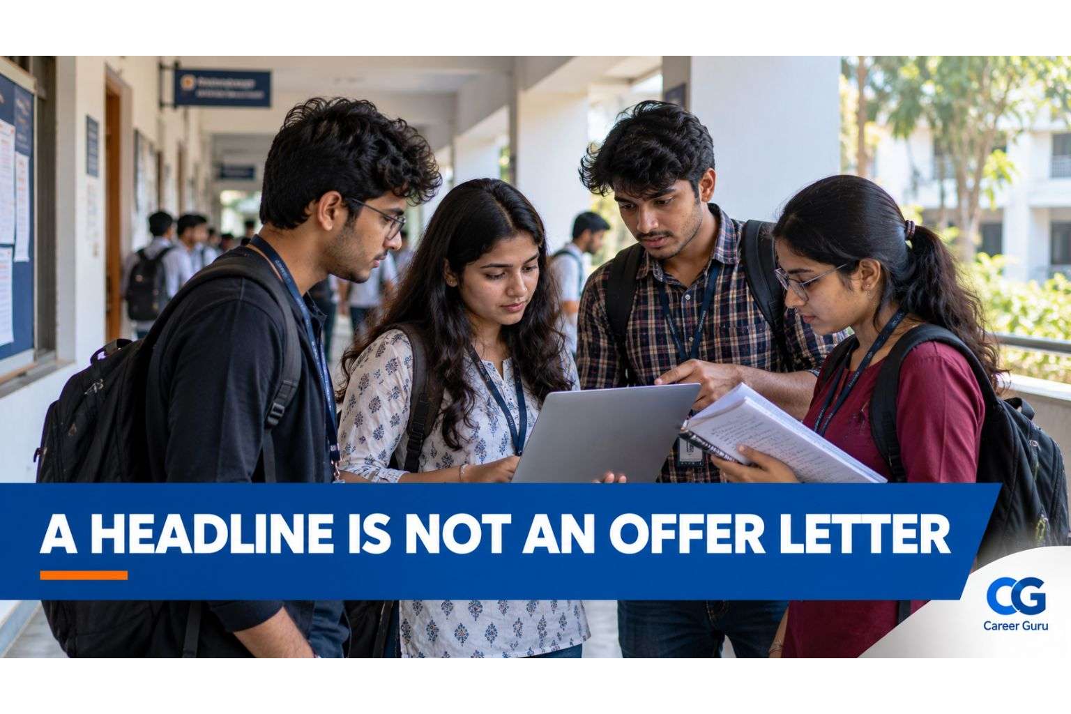 BTech students in an Odisha engineering college corridor discussing career plans.
