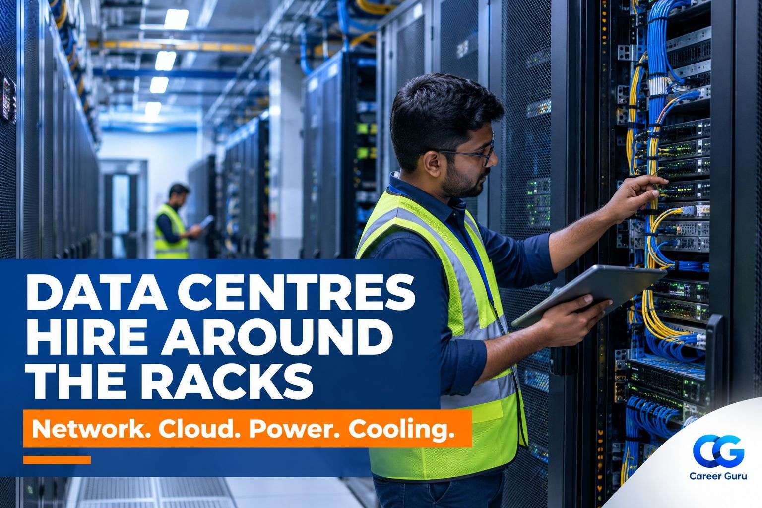 Network engineer checking server racks inside an AI data centre.
