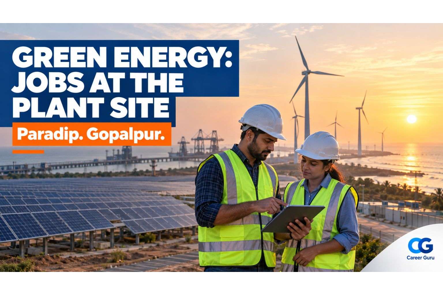 Engineers reviewing plans at a solar and wind site on the Odisha coast.
