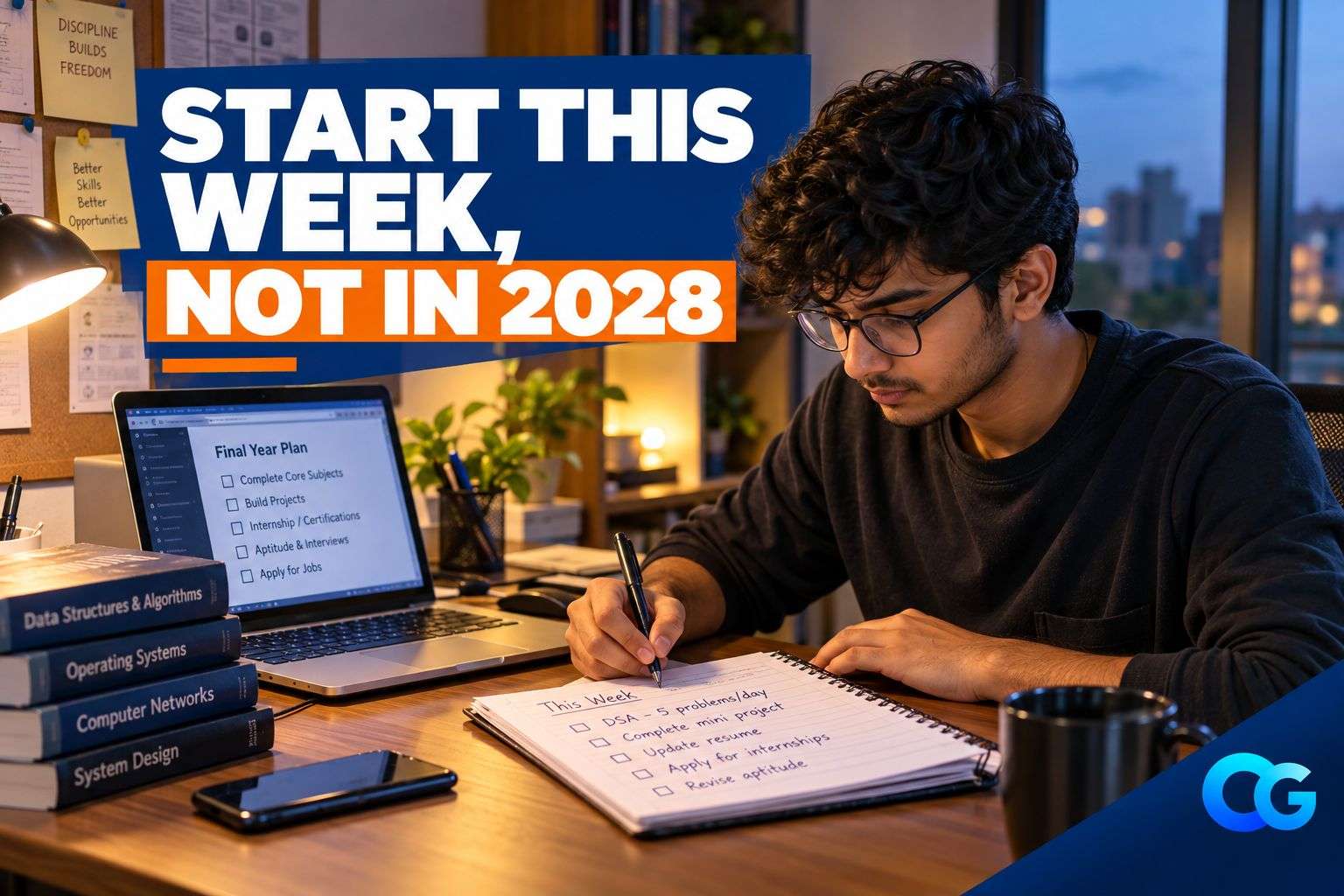  Engineering student making a weekly preparation plan on a laptop and notebook.
