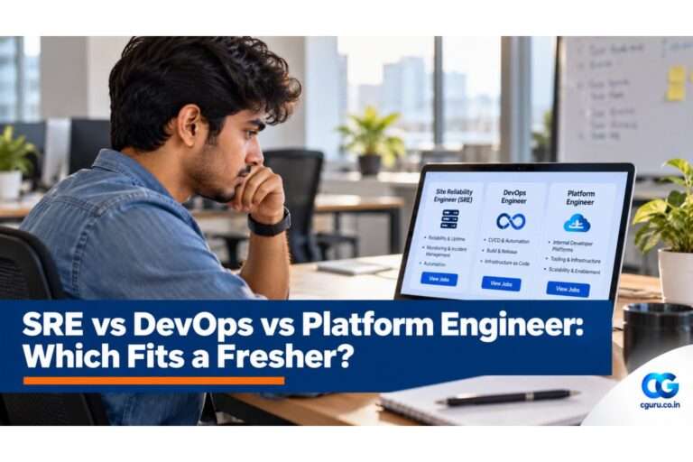 Engineering fresher comparing SRE vs DevOps career for freshers on a laptop in an IT office.