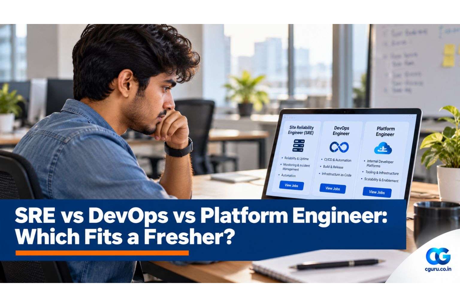 Engineering fresher comparing SRE vs DevOps career for freshers on a laptop in an IT office.