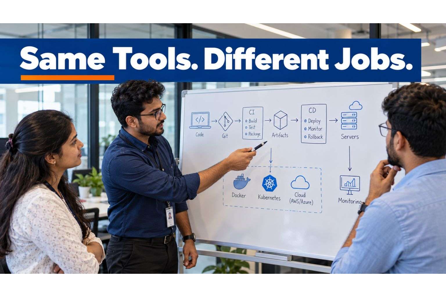 IT team discussing the difference between DevOps, SRE and platform engineering roles.