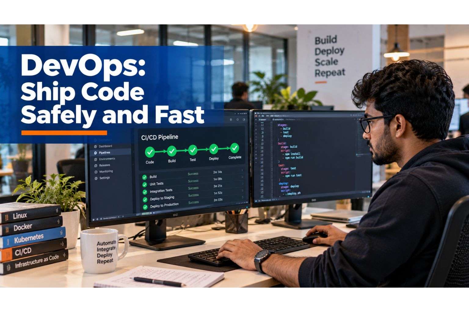 DevOps engineer monitoring a CI/CD pipeline dashboard.