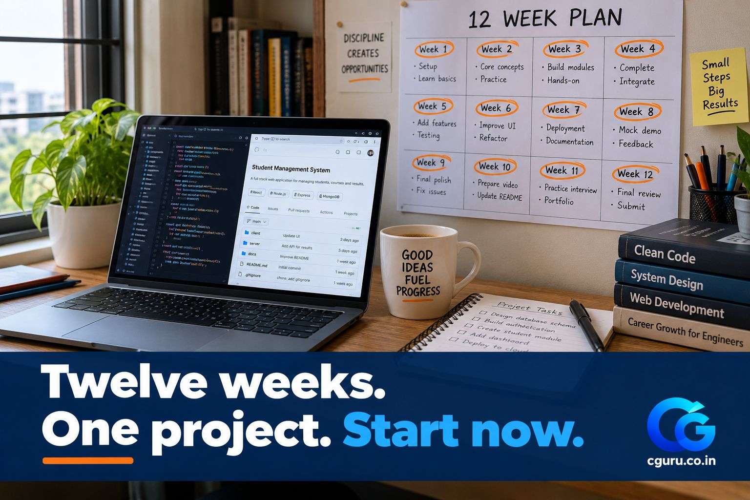 Study desk with a twelve-week calendar planning an AI project.