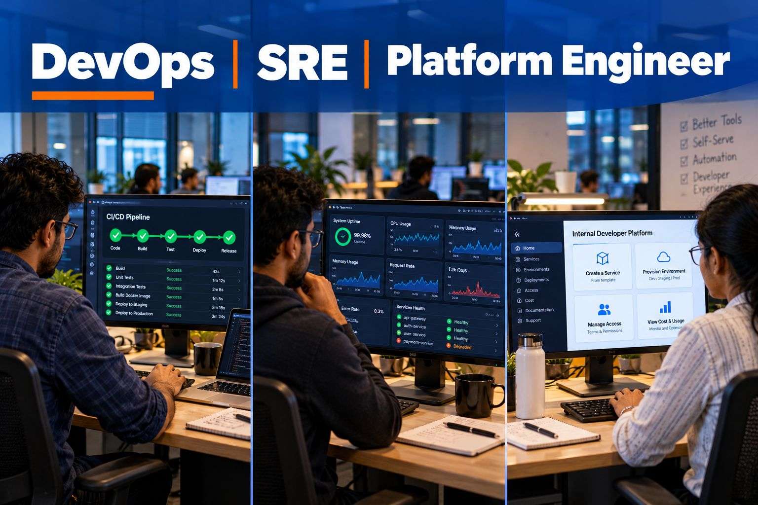 Three engineers working in DevOps, SRE and platform engineering roles side by side.