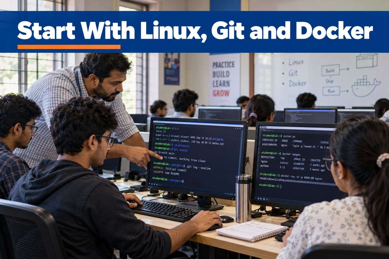Engineering students practising Linux and Docker skills for a DevOps or SRE career.