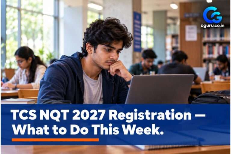 Final-year student checking TCS NQT 2027 registration details on a laptop.