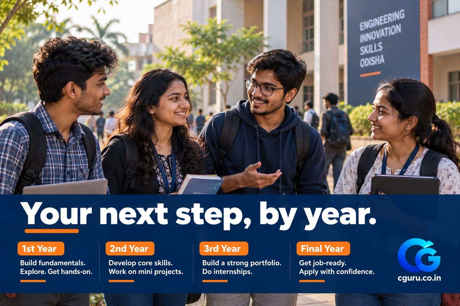 Engineering students of different years on campus planning AI career steps.