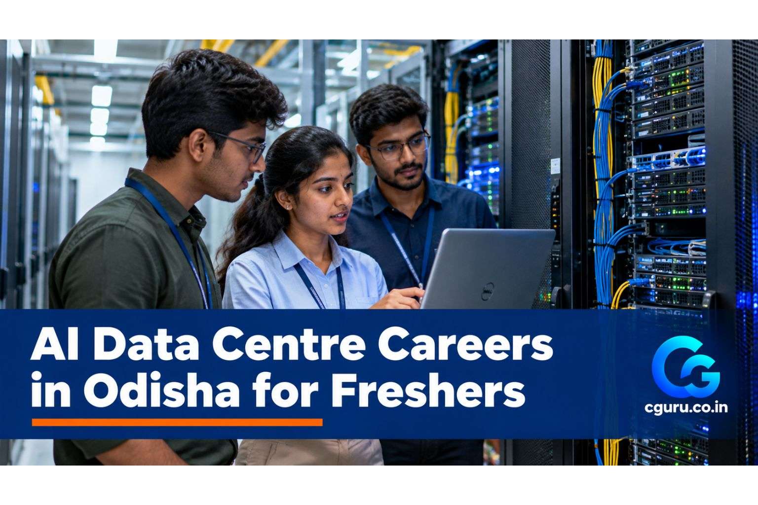 Young engineers in a data centre aisle representing AI data centre careers in Odisha for freshers.