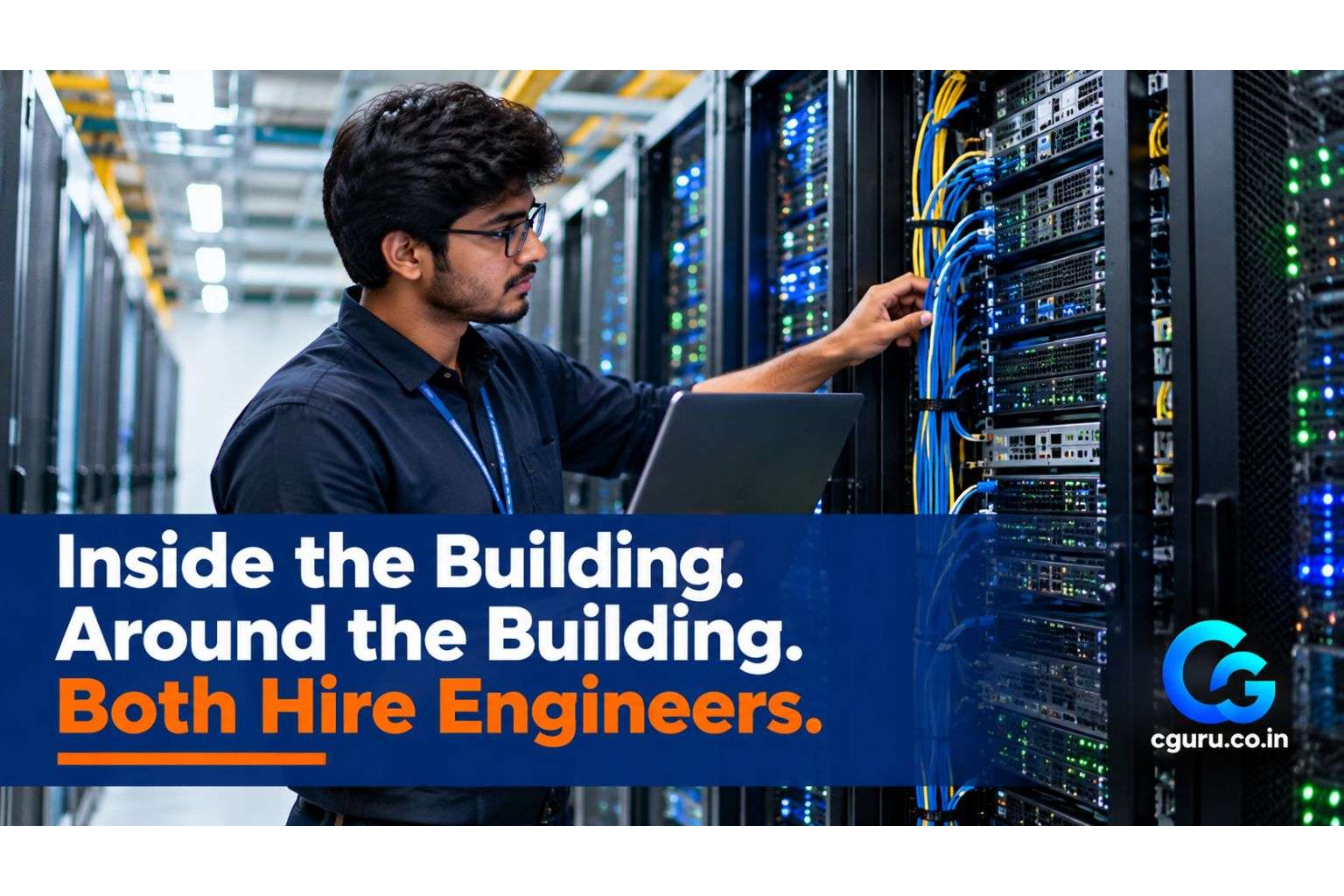 Technician working between server racks in an AI data centre.