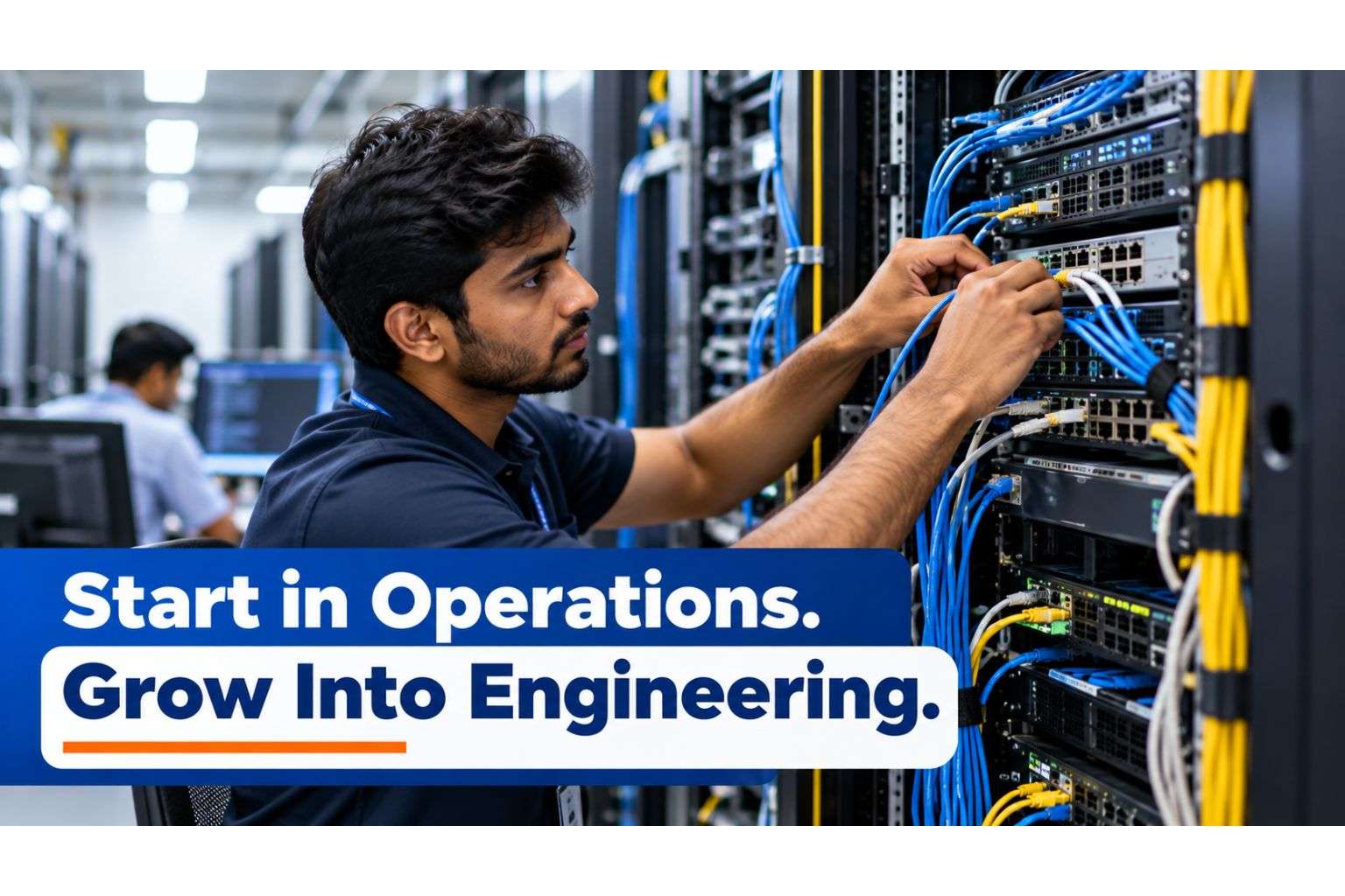 Network engineer patching cables in a data centre.