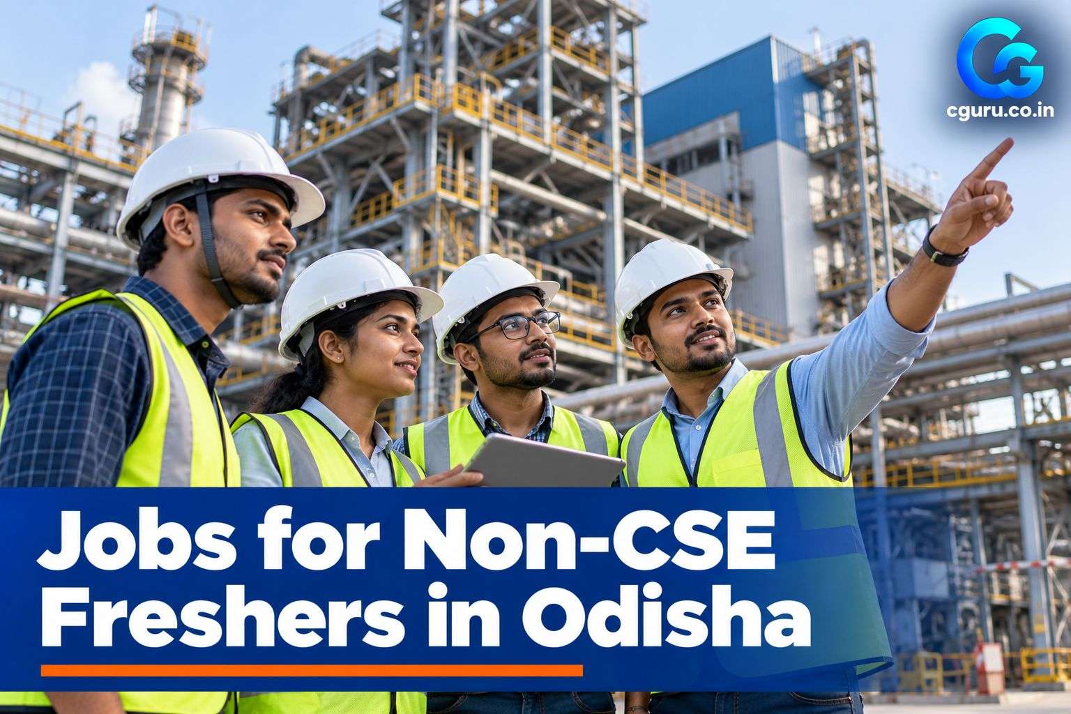 Engineering graduates at an industrial site representing jobs for non-CSE freshers in Odisha.