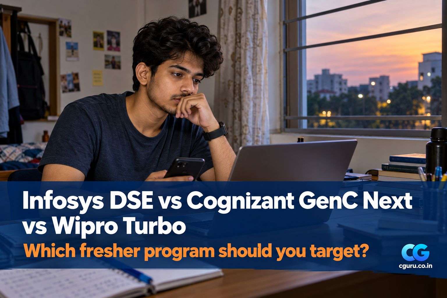 Final-year engineering student comparing Infosys DSE vs Cognizant GenC Next vs Wipro Turbo fresher hiring programs on a phone and laptop.