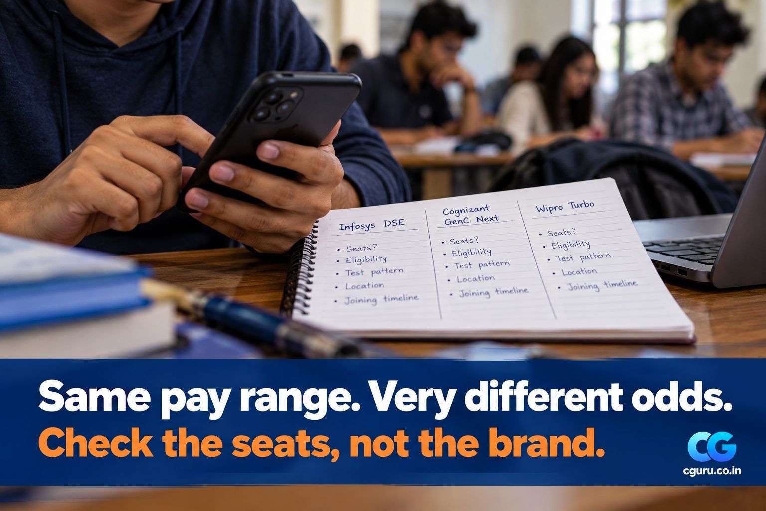 Student holding a phone beside a notebook comparing three fresher hiring programs.